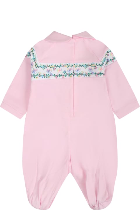 ベビーガールズ Chiara Ferragniのウェア Chiara Ferragni Pink Playsuit For Baby Girl With Flirting Eyes And Multicolor Roses