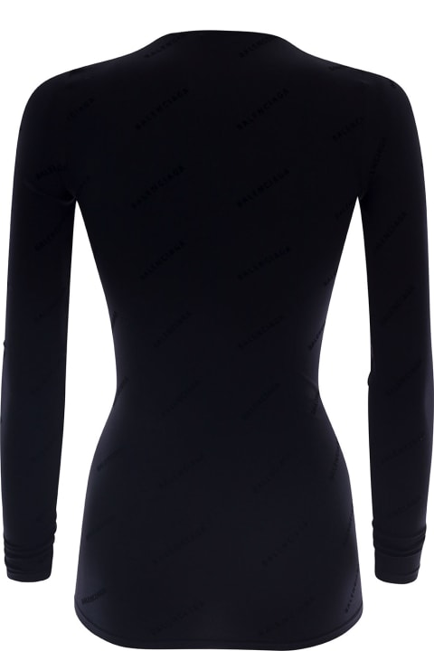 Black Long Sleeved T-shirt With Logo Print All-over In Polyammide Man