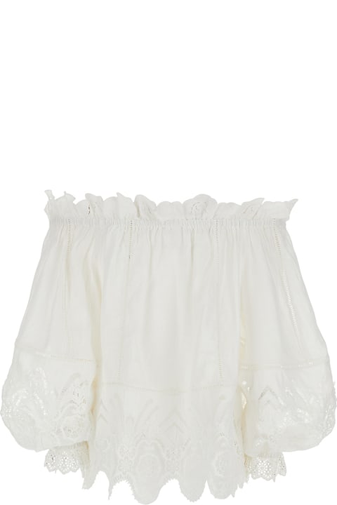 Camilla for Men Camilla White Off-shoulder Top With Elastic Neckline And All-over Embroidery In Linen Woman