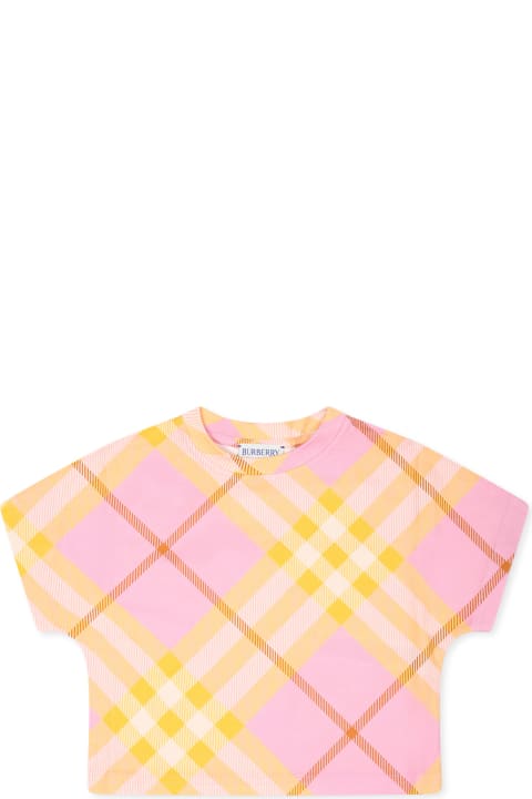 Burberry قمصان بياقة دائرية وقمصان البولو لـ رُضع أولاد Burberry Pink T-shirt For Baby Girl With Check Vintage