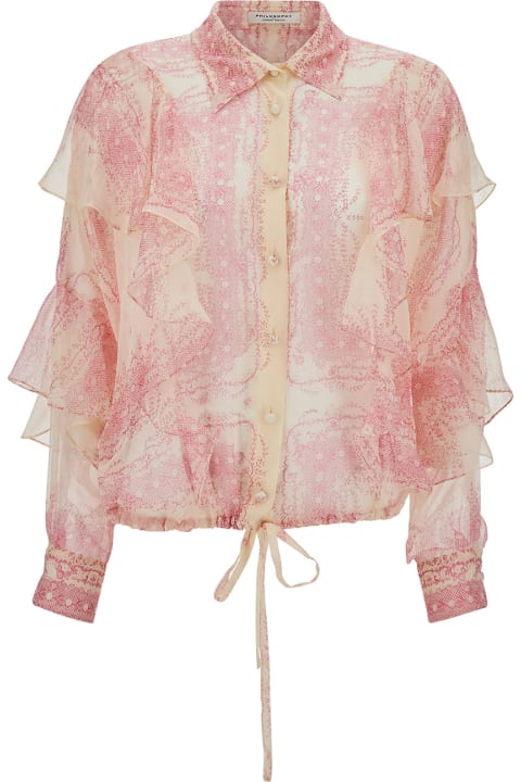 ウィメンズ Philosophy di Lorenzo Serafiniのトップス Philosophy di Lorenzo Serafini Pink Shirt With Volant And All-over Print In Silk Woman