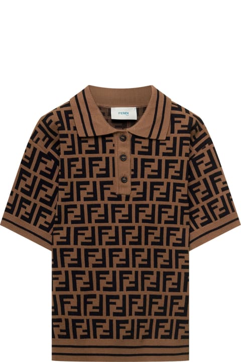 Brown Knit Polo With All-over Ff Motif In Viscose Boy