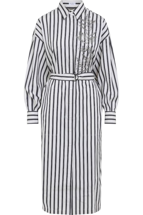 Brunello Cucinelli for Kids Brunello Cucinelli Regimental Cotton-silk Poplin Dress With Glistening Herbarium Embroidery