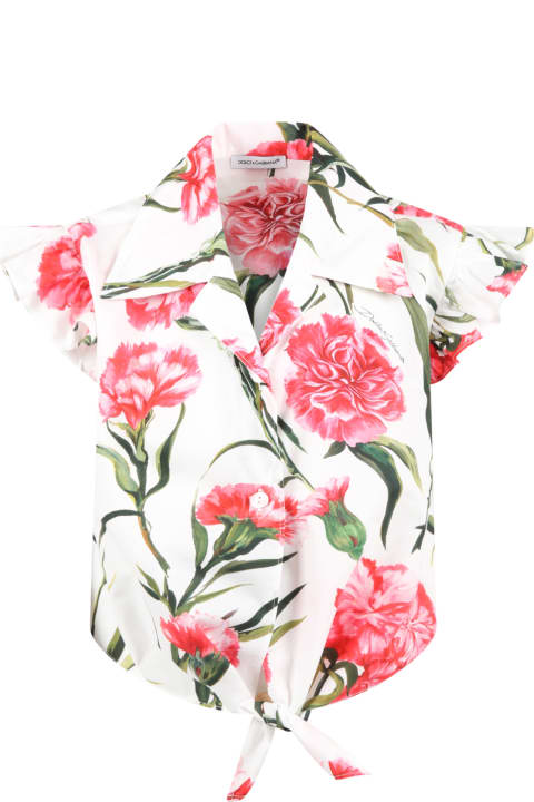 ガールズ トップス Dolce & Gabbana White Shirt For Girl With Pink Carnations