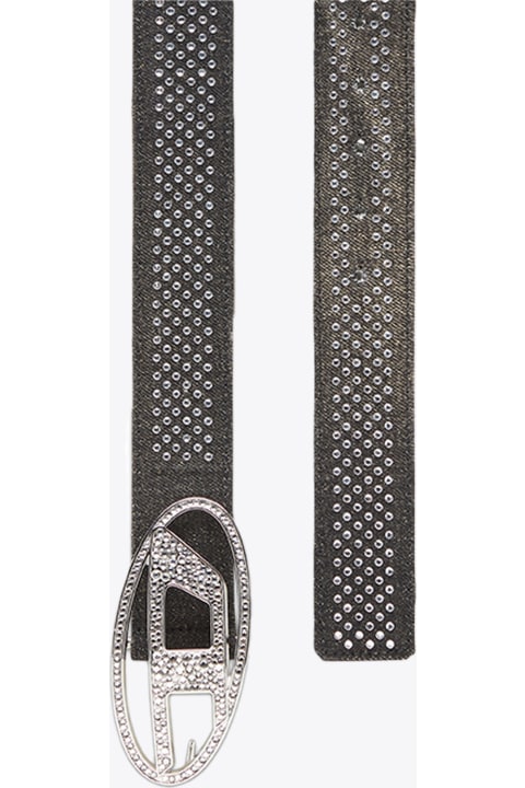 Diesel Belts for Women Diesel Oval D Logo B-1dr Strass Black denim and leather belt with crystals - B-1dr Strass