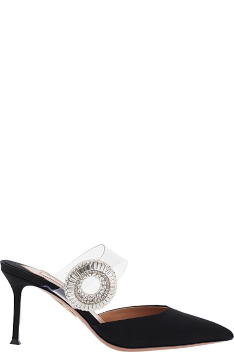 Aquazzura for Kids Aquazzura Black Slingback Mules With Crystal Embellishment And Transparent Strap In Suede Woman