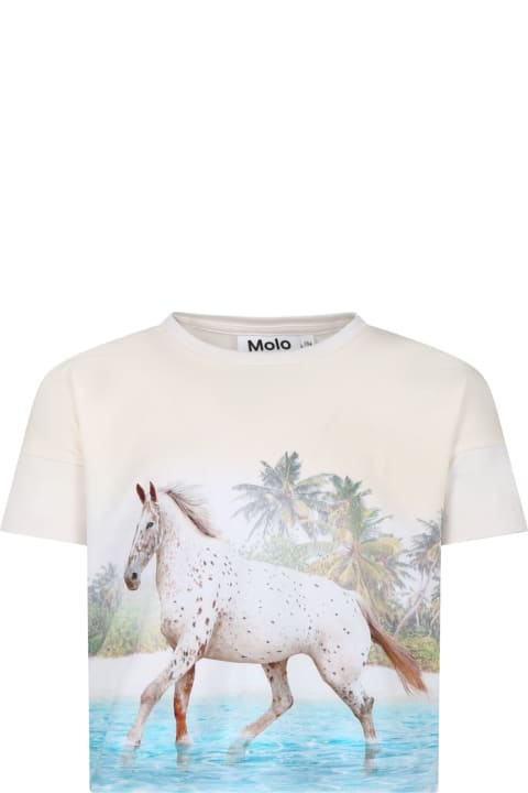 ガールズ MoloのTシャツ＆ポロシャツ Molo Ivory T-shirt For Girl With Horse Print