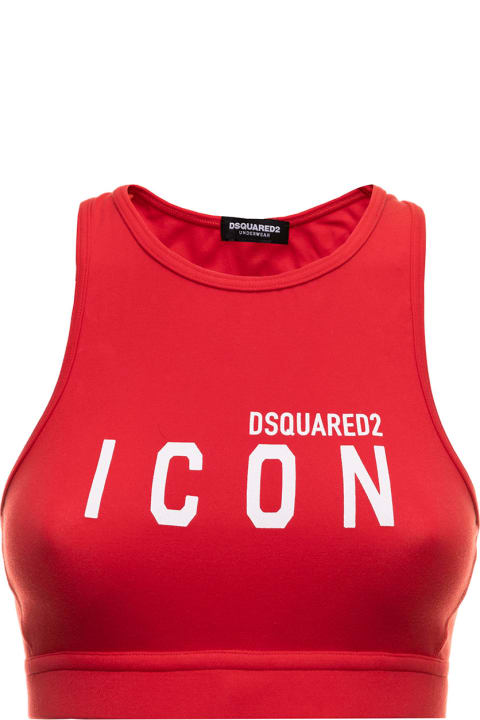 D-squared2 Woman's Red Stretch Cotton Top With Logo Print
