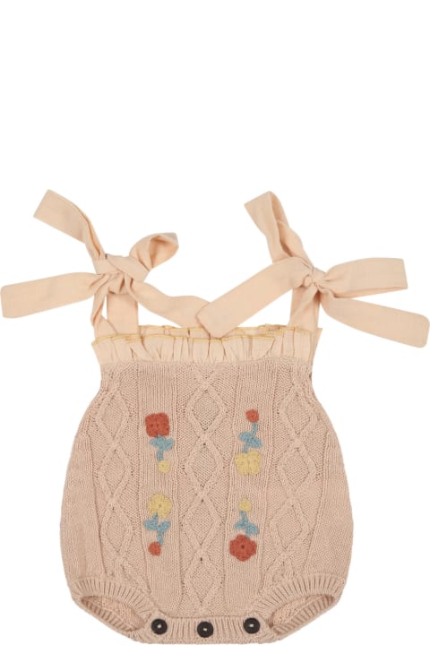 Beige Romper For Baby Girl With Embroidered Flowers