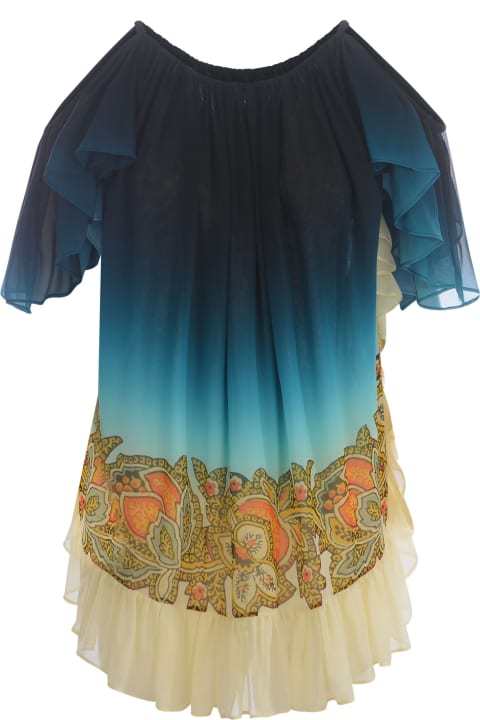 Homeware Etro Light Blue Shaded Georgette Mini Dress With Ruffles