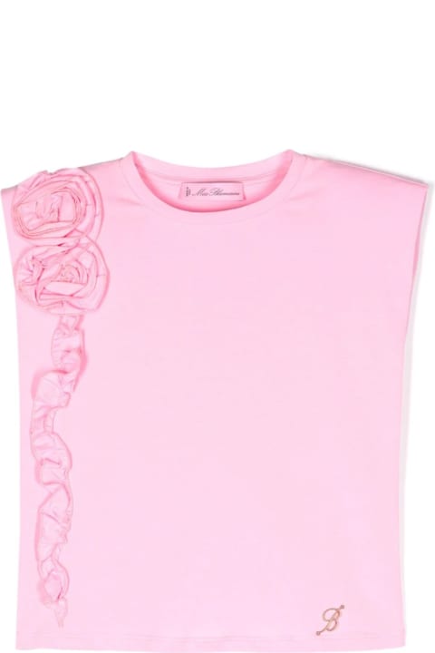 Topwear for Girls Miss Blumarine Pink T-shirt With Flowers And Ruffles