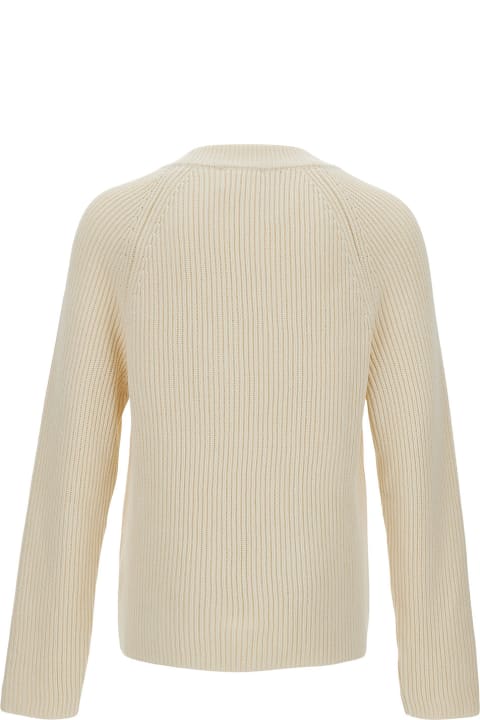 White Ribbed Sweater With Logo Patch In Cotton And Wool Man