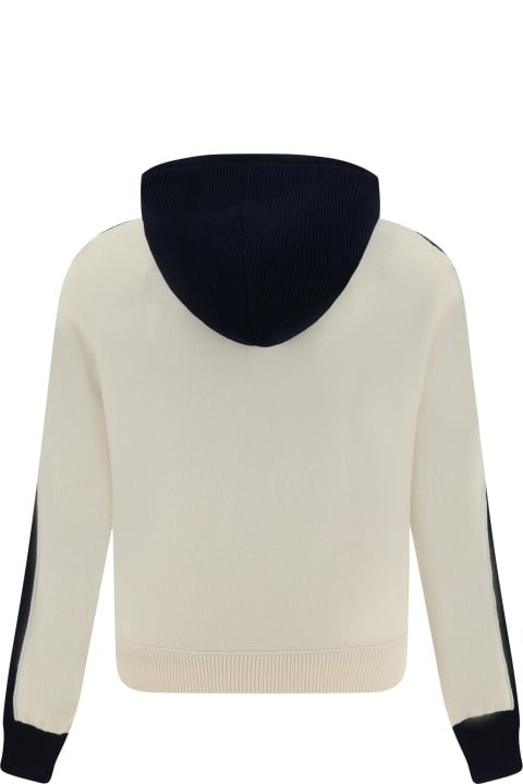 Moncler Sweaters for Women Moncler Padded Tricot Cardigan With Hood In White And Navy Blue