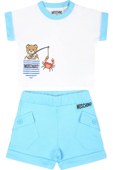 Moschino for Kids Moschino Light Blue Suit For Baby Boy With Teddy Bear