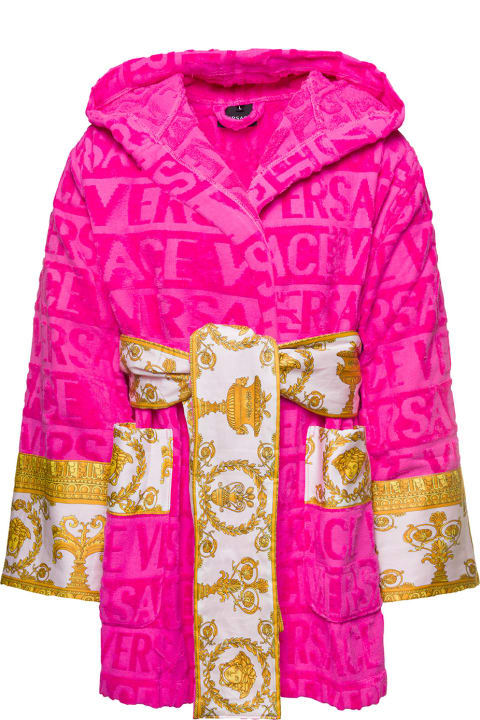 Homeware Versace Accappatoio Corto Con Motivo Barocco In Spugna Di Cotone Nero Versace Home
