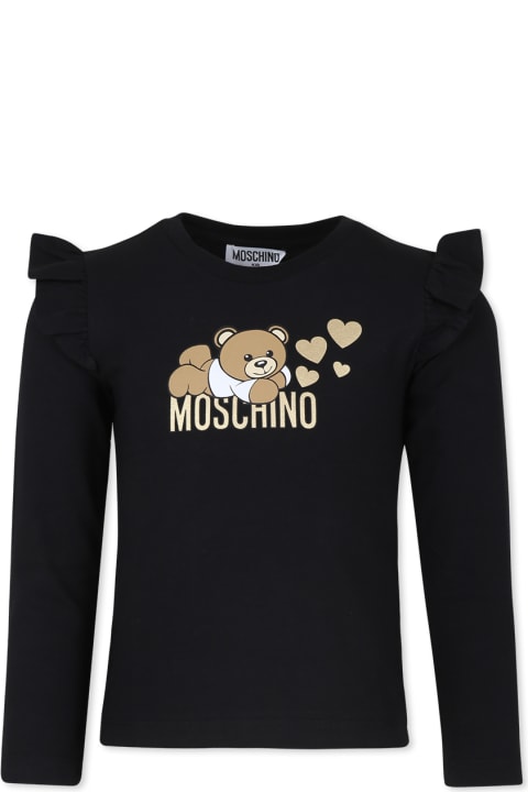 Homeware Moschino Black T-shirt For Girl With Lying Teddy Bear And Hearts