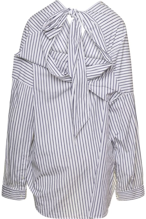 White And Blue Striped Shirt With Bow Detail In Cotton Woman