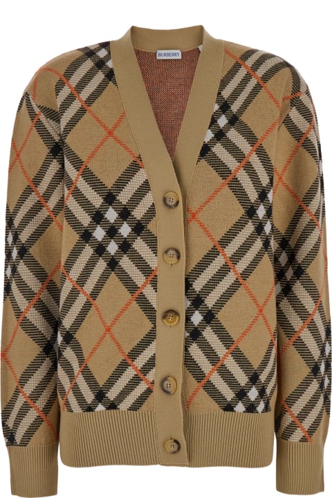 Sweaters for Women Burberry Beige Cardigan With Check Motif In Wool And Mohair Woman