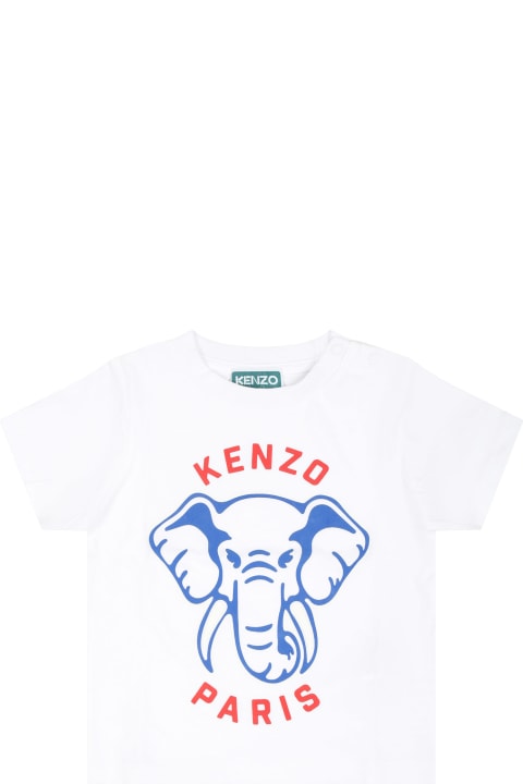 Kenzo Kids Kenzo Kids White T-shirt For Baby Boy With Elephant And Logo