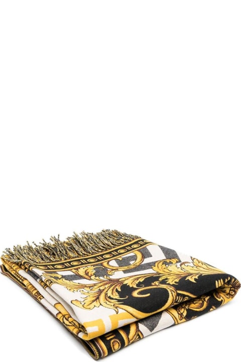 White / Gold / Black Wool Blanket With All Over Baroque Print