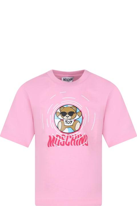 Moschino for Kids Moschino Pink T-shirt For Girl With Multicolored Print And Teddy Bear