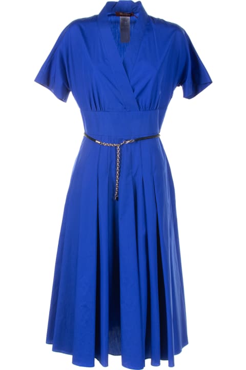 Blue Short-sleeved Dress With Leather Belt