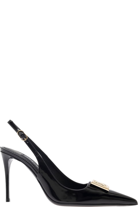 Black Slingback Pumps With Metal Dg Patch In Shiny Leather Woman
