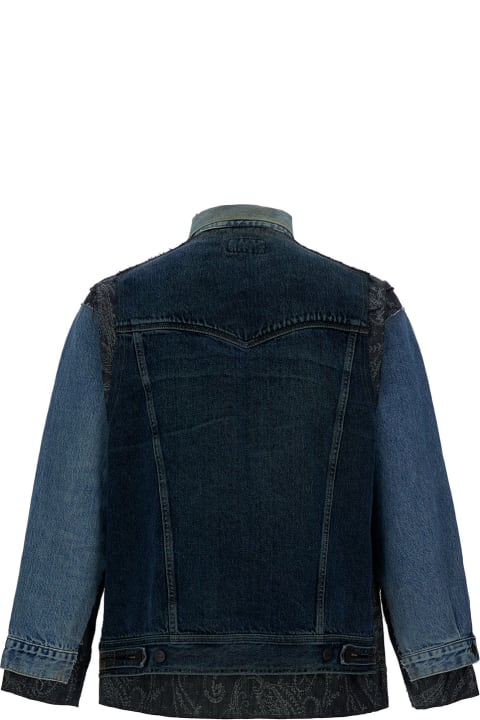 Blue Patchwork Asymmetric Jacket In Cotton Denim Man