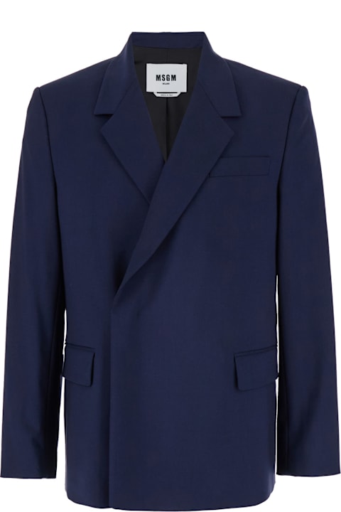 MSGM لـ Men MSGM Blue Double-breasted Jacket With Notched Revers In Wool Stretch Man