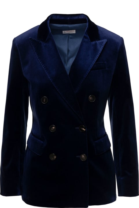 Blue Double-breasted Jacket With Peaked Revers In Stretch Cotton Velvet Woman