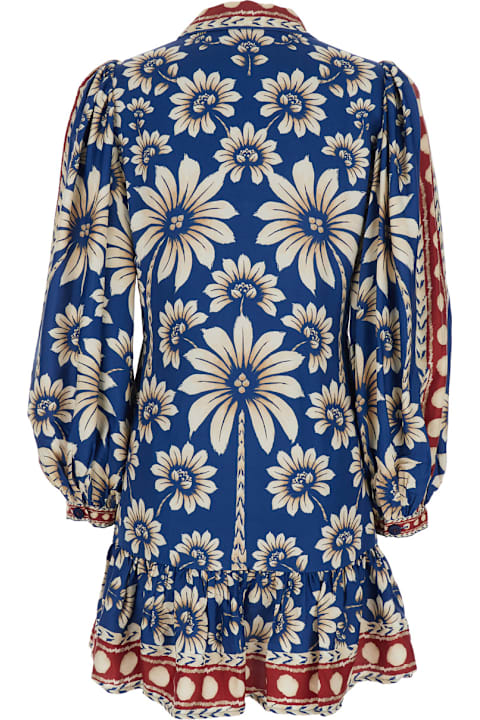 Homeware Farm Rio 'luna' Blue Mini Dress With V Neck And All-over Floral Motif In Viscose Woman