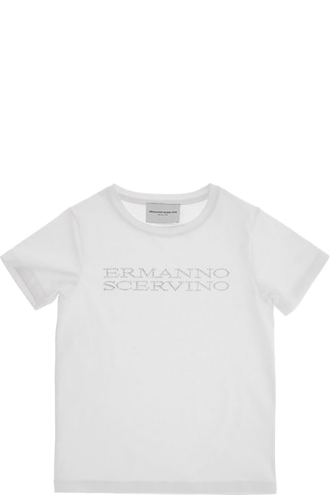 ガールズ Ermanno Scervino JuniorのTシャツ＆ポロシャツ Ermanno Scervino Junior White T-shirt With Rhinestone Logo