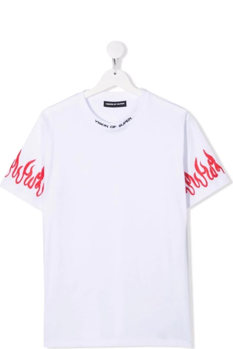 White Kids T-shirt With Logo And Red Spray Flames Print