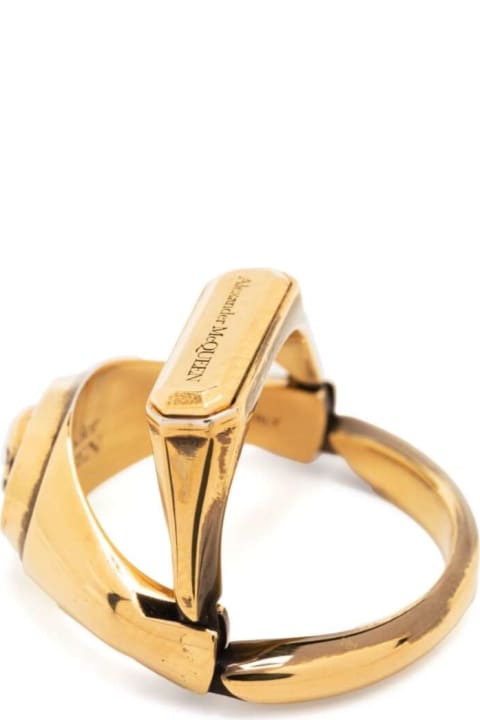 Gold-colored Double Ring With Skull Detail And Embossed Logo Lettering In Brass Woman
