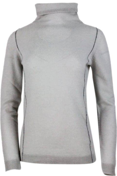 Turtleneck Sweater In Pure And Soft Light Cashmere With Slim-fit Ribbed Edges
