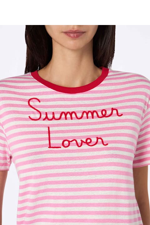 Homeware MC2 Saint Barth Woman Striped Cotton Jersey Crewneck T-shirt Emiilie With Summer Lover Embroidery