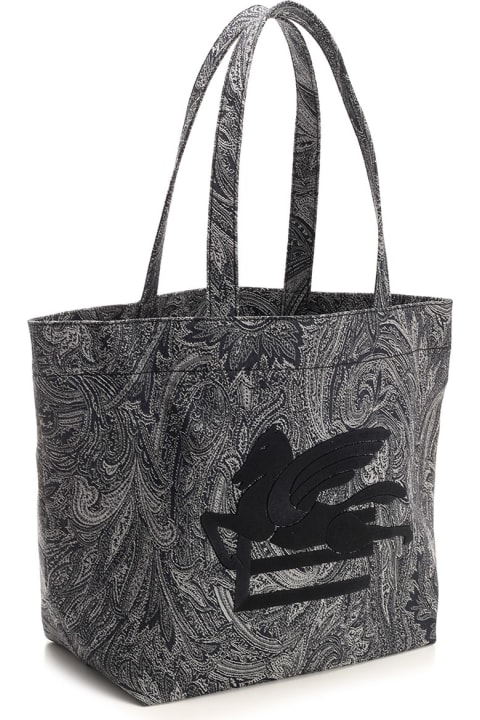 Etro Totes for Women Etro Navy Blue Large Tote Bag With Paisley Jacquard Motif