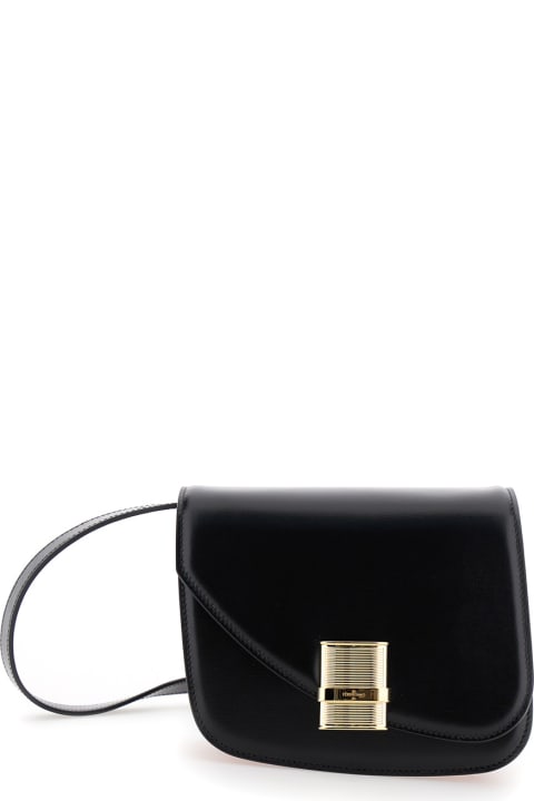 Ferragamo Bags for Women Ferragamo 'fiamma S' Black Asymmetric Crossbody Bag With Logo Detail In Leather Woman