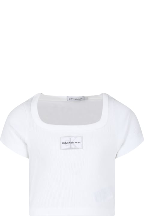 Calvin Klein قمصان بياقة دائرية وقمصان البولو لـ بنات Calvin Klein White Crop T-shirt For Girl With Logo