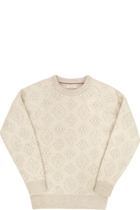 Brunello Cucinelli for Kids Brunello Cucinelli Geometric Jacquard Sweater In Alpaca, Cotton And Wool