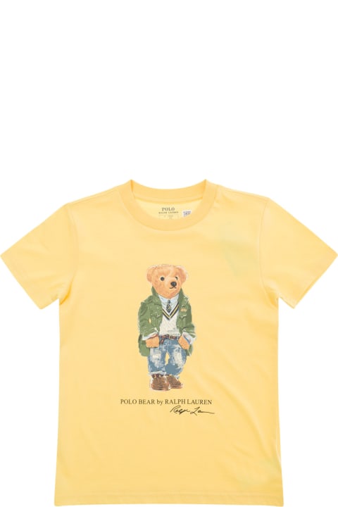 Polo Ralph Lauren for Kids Polo Ralph Lauren Yellow Crew Neck T-shirt With Front Bear Print In Cotton Boy