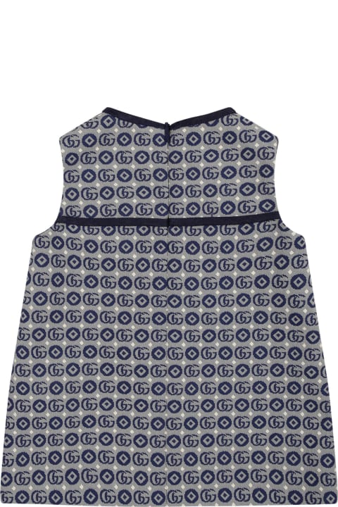 Gucci Kids Gucci Blue Dress For Baby Girl With All-over Gg Geometric Pattern