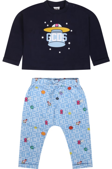 GCDS Mini Bodysuits & Sets for Baby Boys GCDS Mini Blue Pajamas For Baby Boy With Alien Print And Logo