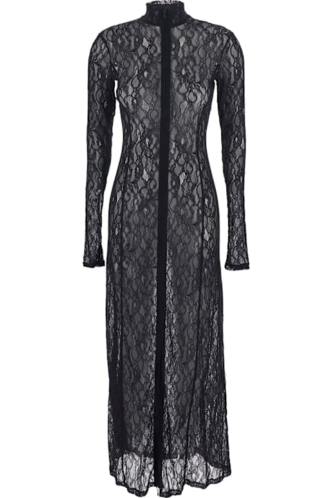 MSGM for Kids MSGM Black Long Dress With High Neck And Semi-sheer Design With Embroidery In Fabric Woman