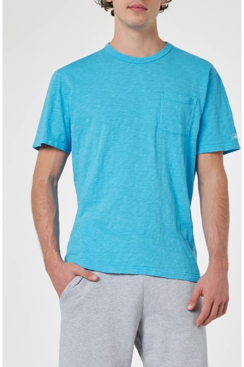 Homeware MC2 Saint Barth Man Bluette Flamed Cotton T-shirt President With Embroidery