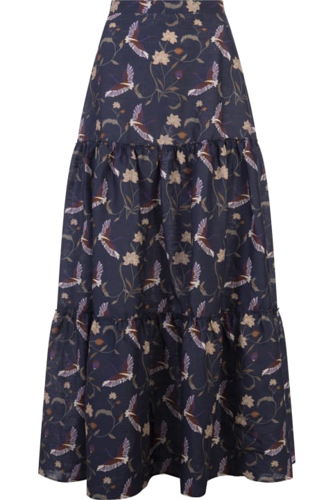 Charlotte Long Skirt In Navy Blue Linen With Heron Print