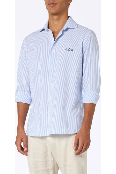 Homeware MC2 Saint Barth Man Seersucker Cotton Shirt Pamplona With Light Blue Stripes