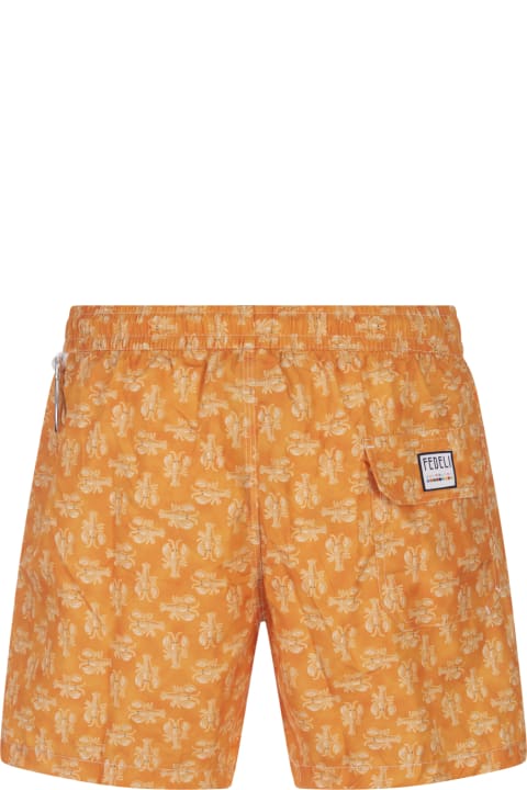Swimwear for Men Fedeli Orange Swim Shorts With Lobster Pattern