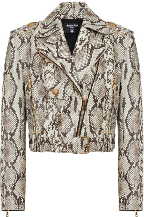 Coats & Jackets for Women Balmain Cropped Python Belted Leather Biker Jacket