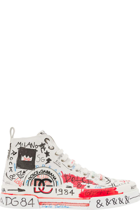 'portofino' Hand-painted Graffiti Mid-top Sneakers In Cotton And Leather Man Dolce & Gabbana